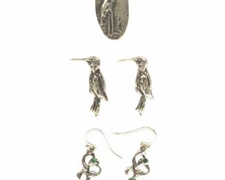 (5pc) Sterling Silver Crane Pendants Emerald