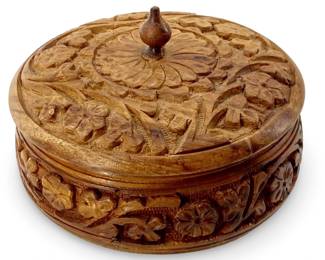 Detailed Hand Carved Floral Circular Wooden Box