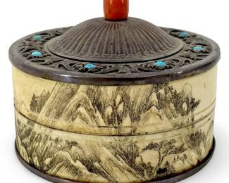 Silver, Turquoise, Coral, and Etched Bone Box