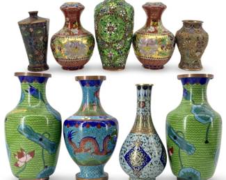 9pc Enameled Cloisonné Brass Vase Collection