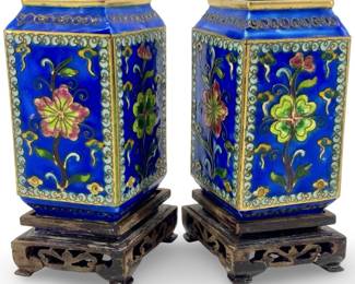 2 Antique Enameled Cloisonné Diamond Shape Vases