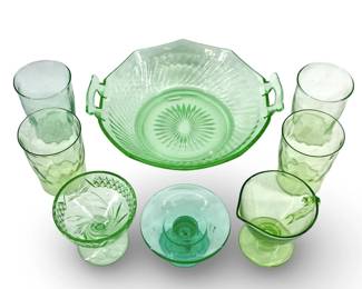 8pc Vintage Uranium Glass Serving Ware