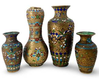 4pc Vintage Brass Cloisonné Vase Collection