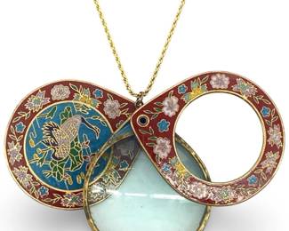 Vintage Cloisonné Magnifying Glass Crane Necklace