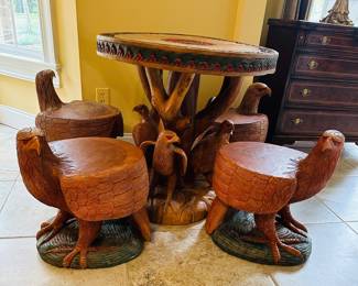 Hand carved table and 4 eagle chairs. Made in Indonesia. Purchased in the 1980’s.