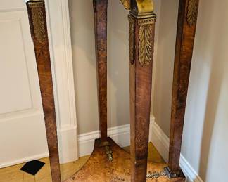 Pair of exquisite tall accent tables with goldtone accents