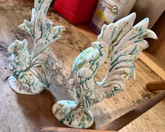 Mid-Century Modern Pottery Rooster and Hen Figurines Teal Olive Drip Glaze