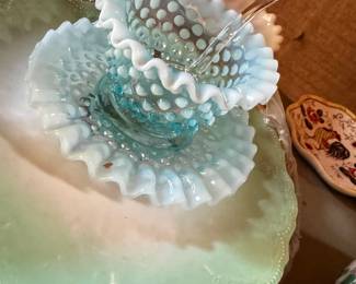 Light Blue Opalescent Hobnail pattern mayonnaise condiment bowl with under plate