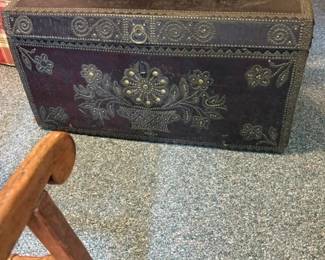 Leather Wrapped Wooden Trunk with Brass Tack Detailing and Hand Forged Metal Handles