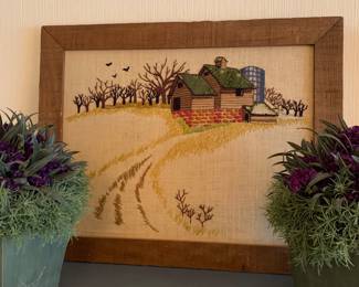 needlework barn scene, barn wood frame