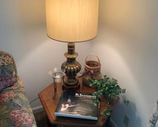 maple end table and brass lamps