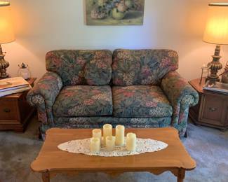 maple coffee table; floral love seat