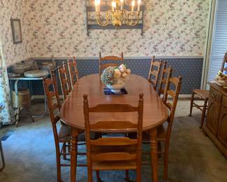 maple dining table and 10 chairs 