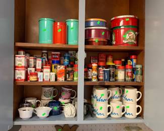 spices, coffee cups, tins
