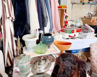 Vintage vases, candy dish, serving tray, silverplate, fur muff and collar, jackets, blazers, robe