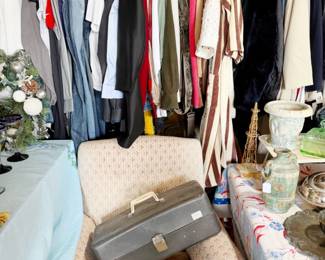 Vintage chair, toolbox, jackets, blazers, robe, coats