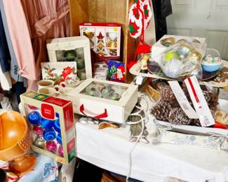 Vintage christmas, ornamaments, mugs, stocking, pinecones