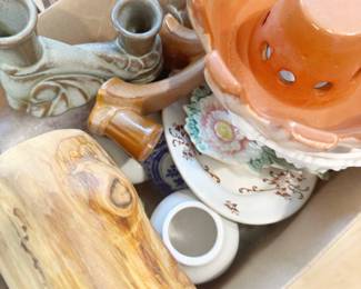 vintage candle sticks, frankoma, plates, spoon rest