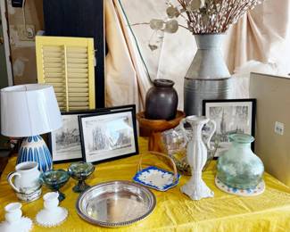 Vintage art, candlesticks, serving wear, jars, jugs, vas, shutter, pitcher, bowl