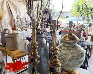 vintage lamps, crocks, dishes, teapot