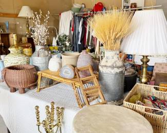 vintage stool, fireplace, crock, geode, planter, vases, lamps