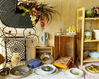 vintage buggy, tortilla holder, dishes, vase, toys, candlesticks, pie servers