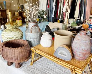 vintage crock, vase, planter, lamps, geode