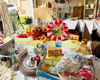 vintage placemats, dishes, ribbons, crocks, wreaths, flowers