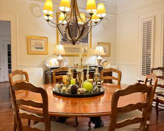 Round extension table, 6 ladder back chairs