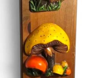 1970s Ceramic Mushroom Wooden Wall Plaque