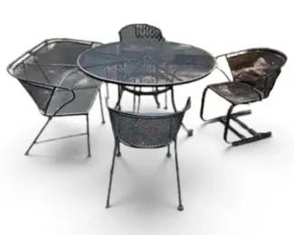 Wrought Iron Patio Table, Bench, 3 Chairs