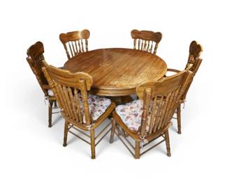Oak Pedestal Table With 6 Cane Seat Chairs Extra Leaf