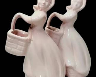 Two Pink Lady With A Basket Porcelain Figurines