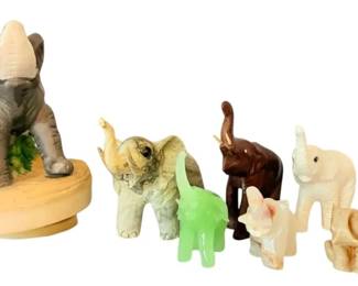 Herd Of Elephants Made With Ceramic, Stone, Wood, And Jade