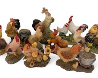 Ten Chicken Figurines Including Cracker Barrel Kitchen Timer