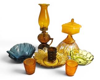 Blenko Blue Glass Leaf Bowl, Amber Glass Oil Lamp, Candy Dishes More
