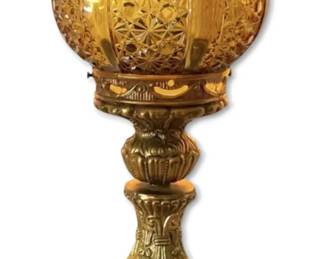 Ornate Brass Lamp w Amber Daisy Button Glass Shade