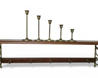 Brass Wood Shelf With 5 Brass Tiered Candleholders