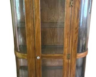 Oak Curved Glass Lighted Curio China Cabinet