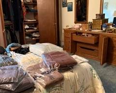 bedroom set, linens and handbags