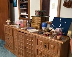 Fruitwood triple dresser and mirrors