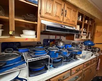 Large collection of Cook's Essentials pots and pans in Cobalt Blue