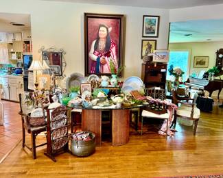 Southwest den with pottery, linens, Vernon Kiln Texas plates.