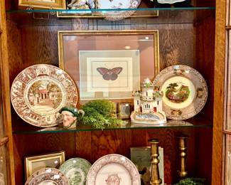 English aesthetic movement transferware plates, brass.