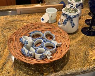 Vintage Porcelain Blue & White Fish & Shell Napkin Rings