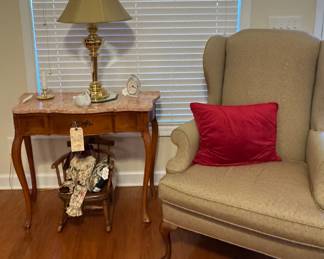 Wing Back Chair, Vintage Solid Brass Flame Lamp