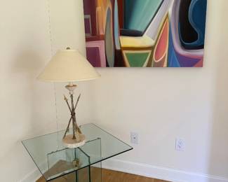 1970's Leon Rosen for Pace Collection Glass & Brass End Table, Abstract Oil on Canvas, Vintage French Arrow & Tassel Lamp w/ Marble Base