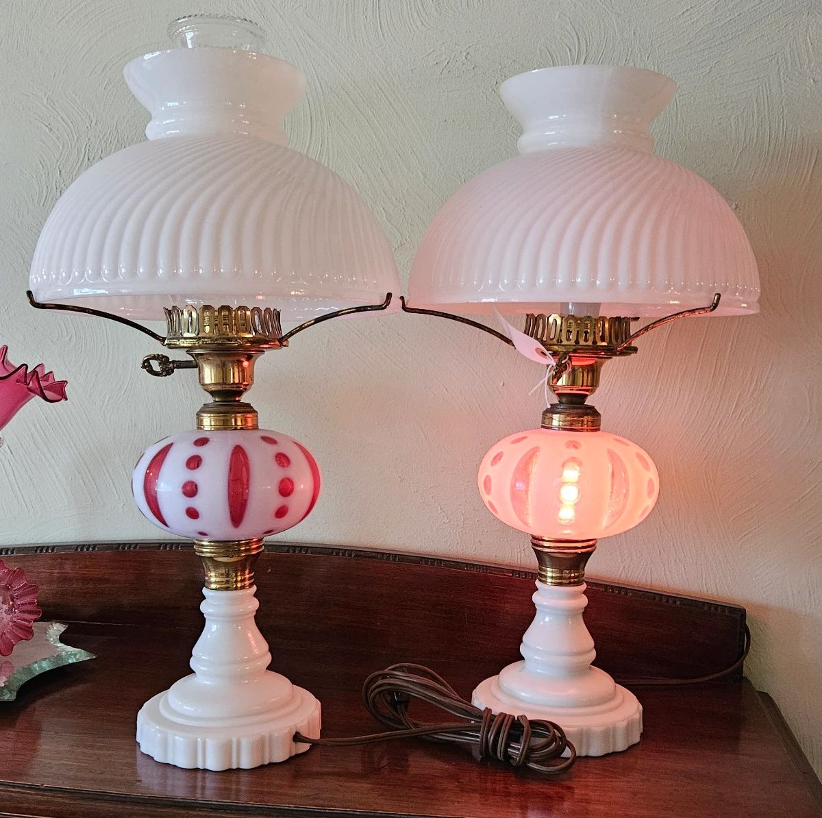 Pair of Cranberry/Milk Glass Electrified Lamps