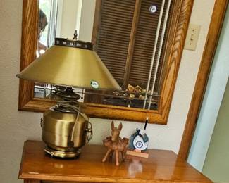 Large Oak Mirror, Brass Lamp and 3-Drawer Dresser