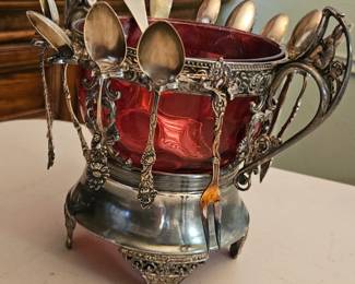 Antique Sugar Bowl Cranberry Glass w/Silver Spoons
